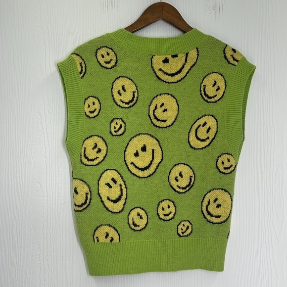 Forever 21 - Happy Times Green With Yellow Smiley Faces Knit Vest Size Small - Picture 9 of 9